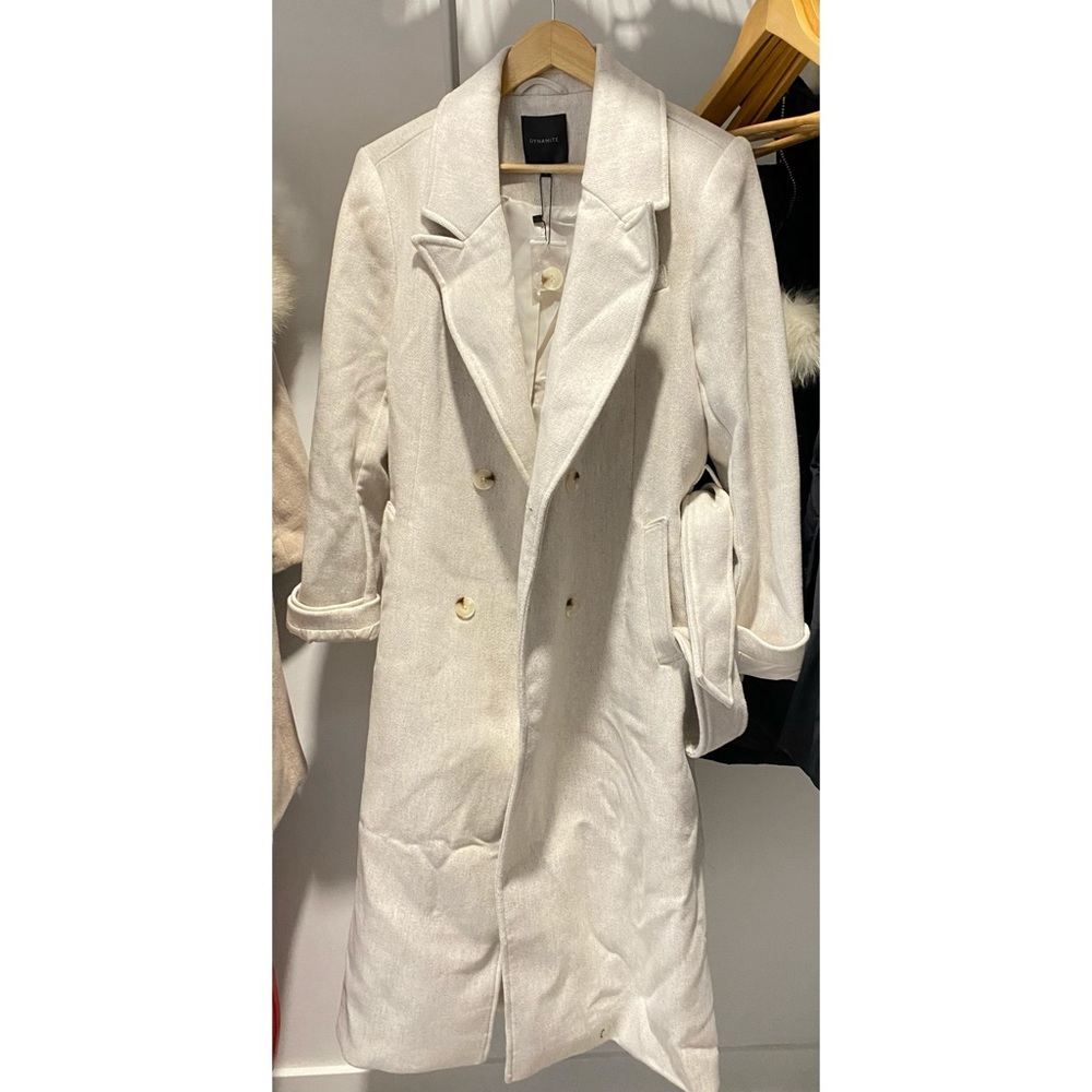 Dynamite structured belted long wool white coat